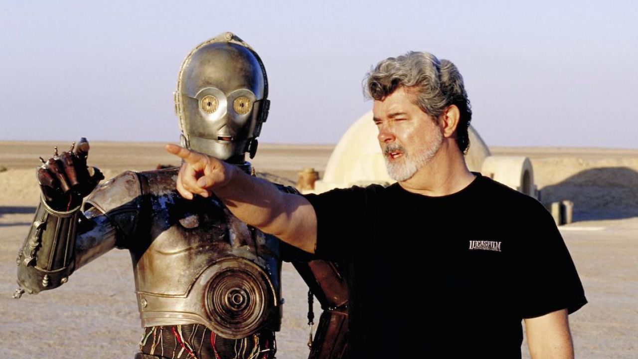 George Lucas on the set of Star Wars with C-3PO