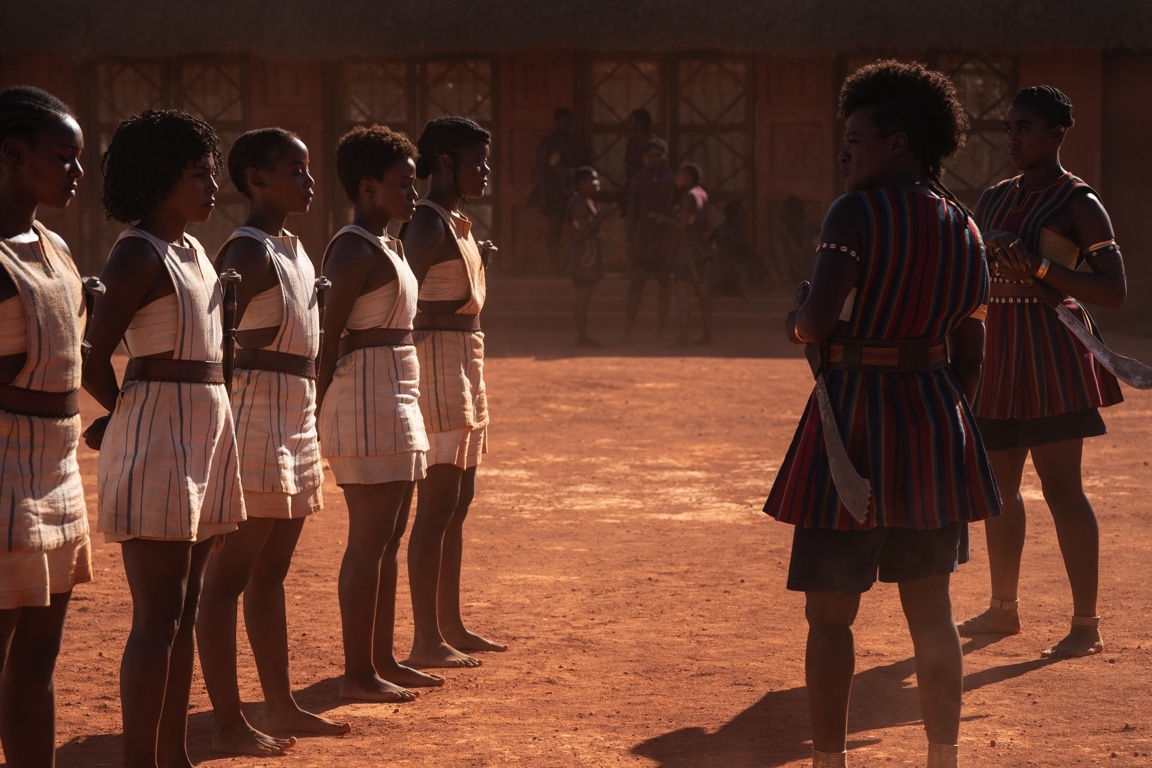 Nanisca (Viola Davis), Izogie (Lashana Lynch) and new recruits Agojie in The Woman King